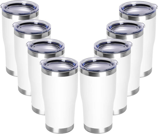 DOMICARE 20oz Tumbler with Lid Stainless Steel Tumblers Bulk, Double Wall Vacuum Insulated Coffee Travel Mug Powder Coated Tumbler, 8 Pack White