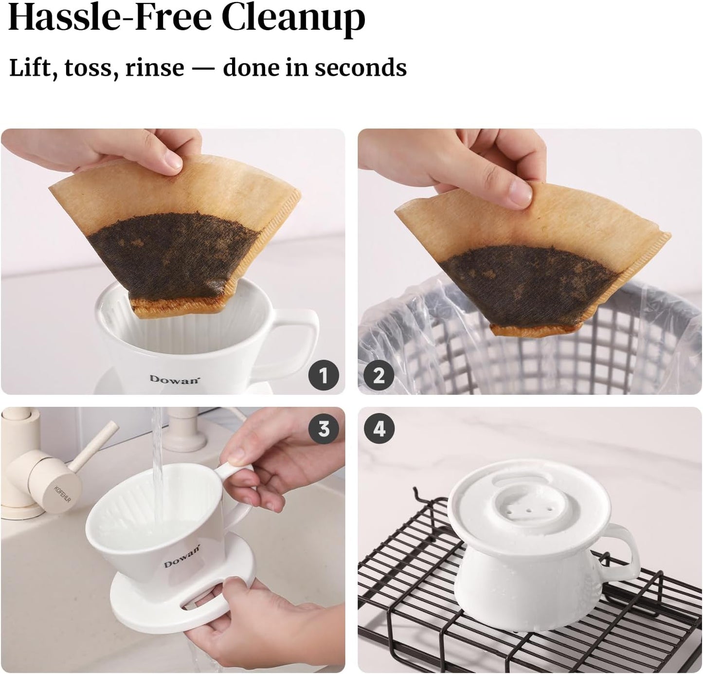 DOWAN Pour Over Coffee Maker, Non-Electric Pour Over Coffee Dripper with Open Base Design, Manual Brew Maker, Single Cups Porcelain Slow Brewing Accessories for Gifts, White