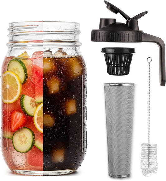 Cold Brew Coffee Maker 64OZ Marson Jars Wide Mouth Glass Picther Spout Lid with Stainless Steel Filter,Leakproof Maker for Iced Tea,Espresso,Lemonade-Black