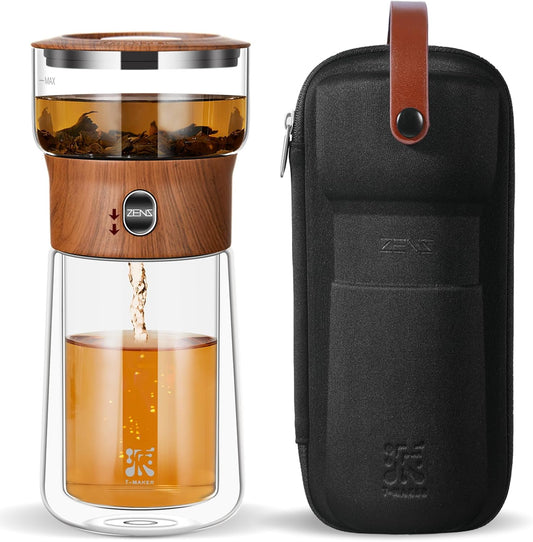 ZENS Modern Glass Infuser Teapot, One Touch Tea Maker for Loose Leaf Tea with Insulated Mug and Portable Case. Enchanted Pot Alternatives for Tea Lover Gifts