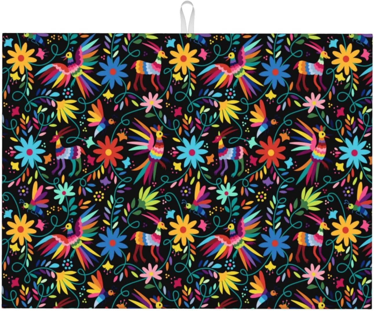 Mexican Colorful Bird and Floral Abstract Dish Drying Mats for Kitchen Counter, 18x24 inch Absorbent Decorative Microfiber Drying Pad, Anti-Slip & Absorption for Sink Small Appliances, Home Decor