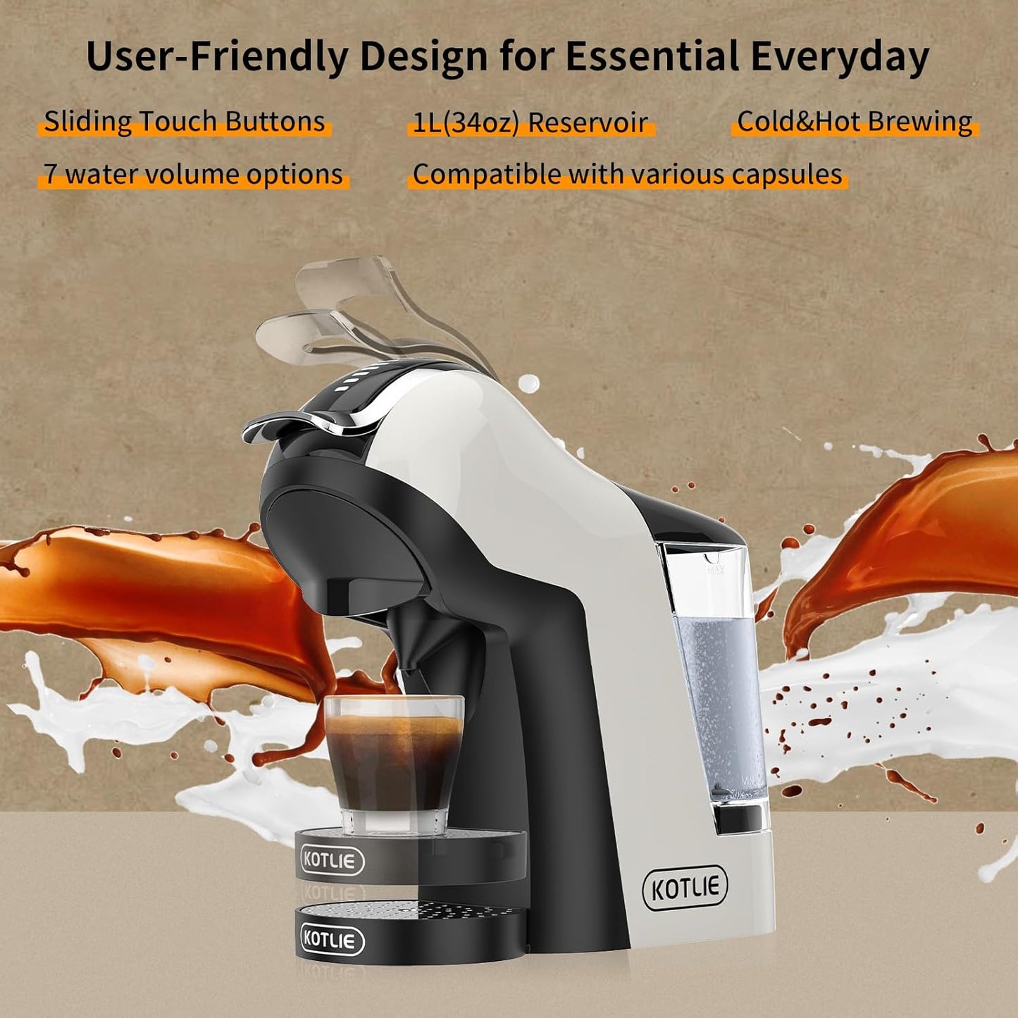 KOTLIE Hot&Cold brewing Single Serve Coffee Maker for K*eurig K*cup, Small Espresso Coffee Machine for D*olce G*usto/N*es Original/Ground Coffee/44mm ESE,Adjustable TEMP&Water Volume, 1L Water Tank