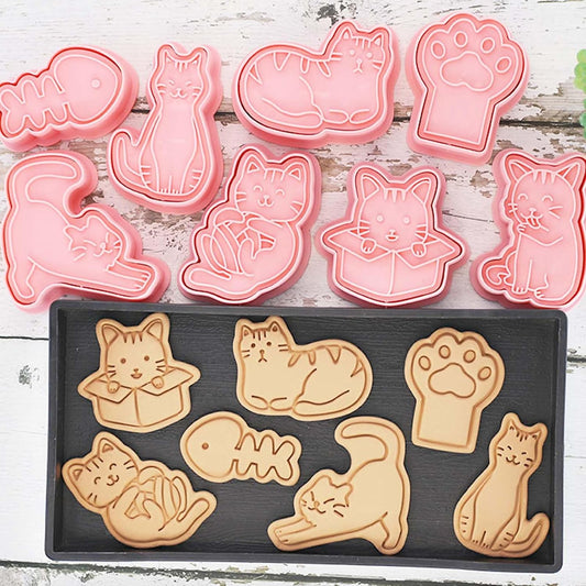 8pcs Cat Cookie Cutters Set, 3D Cute Stamps, Cupcake Pancake Apple Pie Pastry Biscuit Molds, Fruit Sandwich Cutter, Baking Molds for Party Decorations (Cat-1)