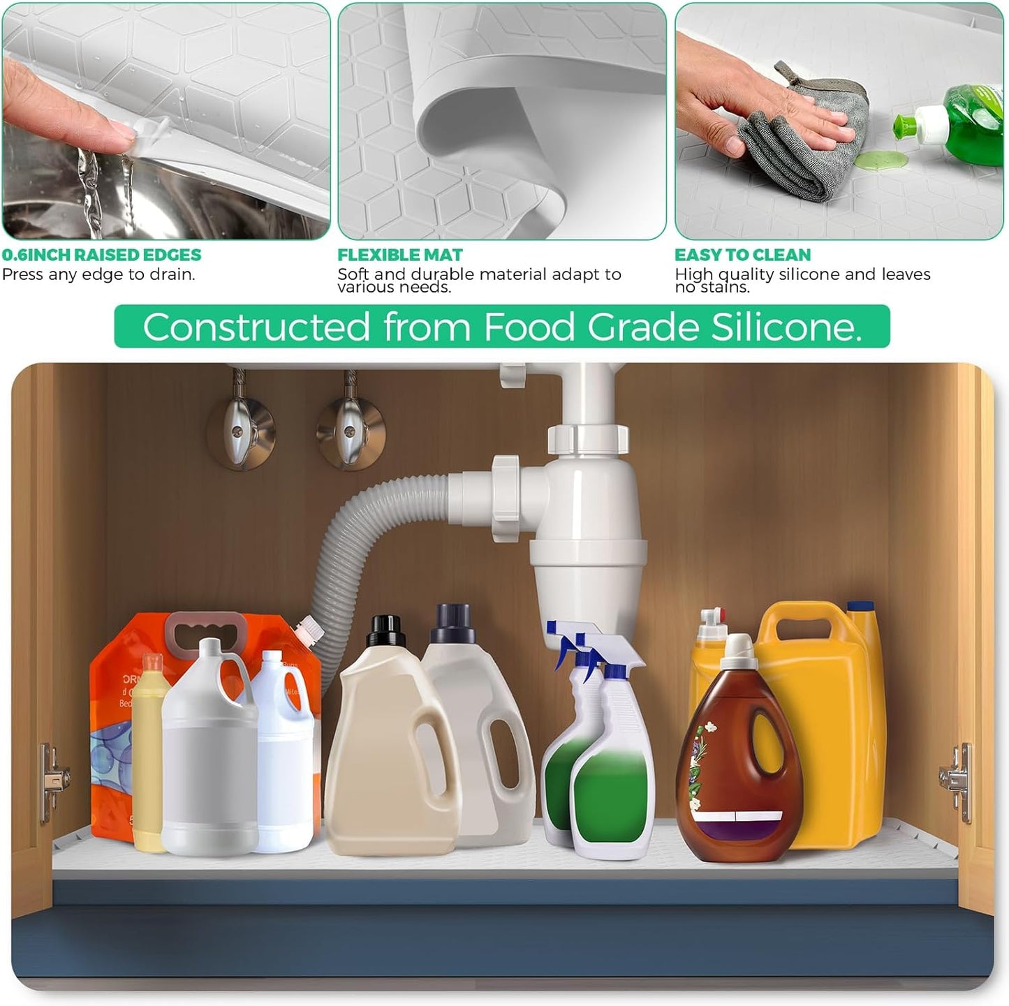 TRZZ Silicone Waterproof Under Sink Mat 28" x 19", Drip Tray and Cabinet Liner for Kitchen and Bathroom, Prevents Water Damage and Organizes Cabinets (Mint Green)