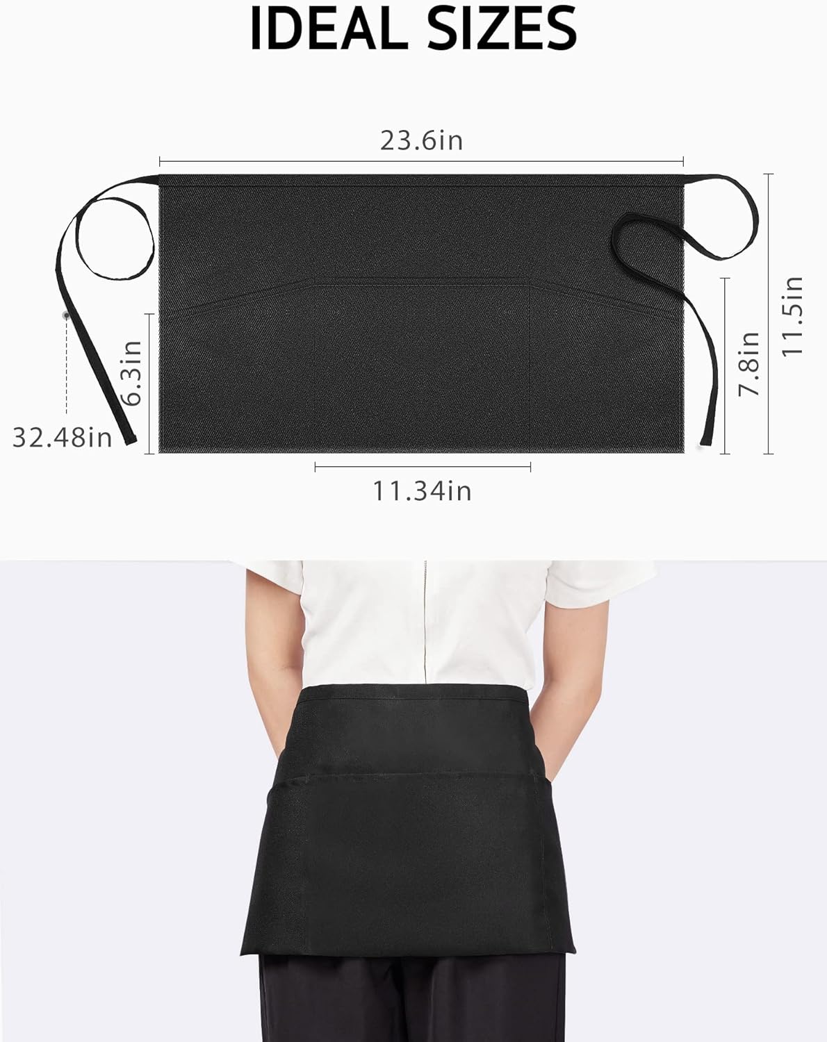 Syntus 6 Pack Server Apron with 3 Pockets, Waterdrop Resistant Waitress Waiter Waist Apron, 11.5-inch Black