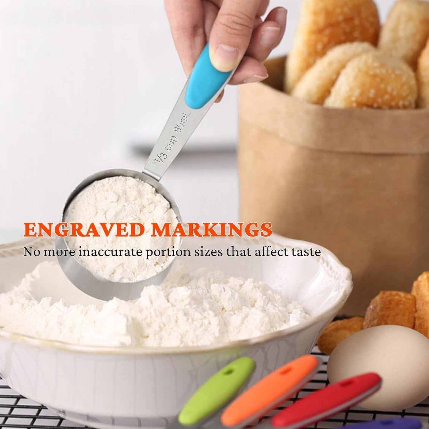 Measuring Cups and Spoons Set of 15, Include 5 Stackable Stainless Steel Cups, 5 Measuring Spoons and 5 Tiny Spoons, Metal Measuring Cups Set with Colored Silicone Handles for Cooking & Baking