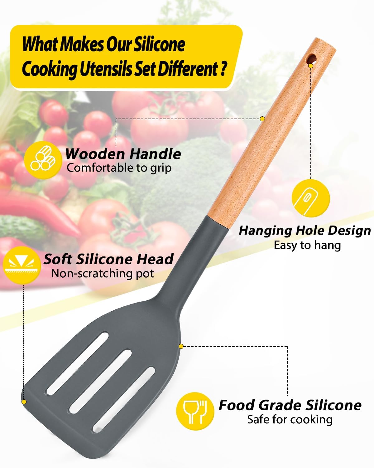 Pack of 4 Silicone Cooking Utensils Set, Non Stick Solid Spatulas and Heat Resistant Slotted Spoons with Wooden Handle, Ideal Wood Kitchen Utensils Set for Frying,Serving,Turning,Stirring (GRAY)