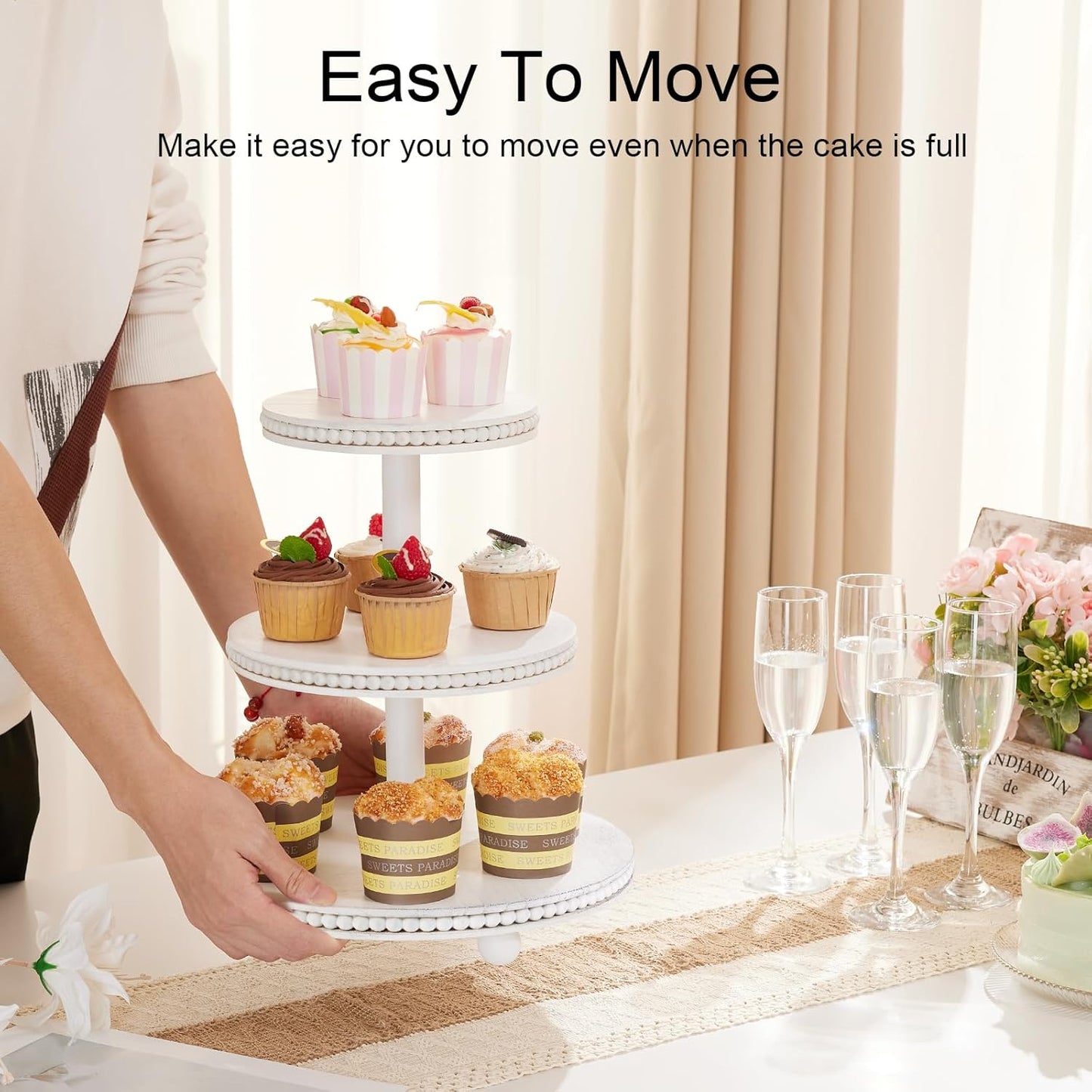 3 Tier Cupcake Stand Round,Wood Cupcake Stand with Beads,Tiered Cake Stand for 24 Cupcakes,Dessert Display Stand,Cupcake Tower for Party, Wedding, Birthday, Home Decor