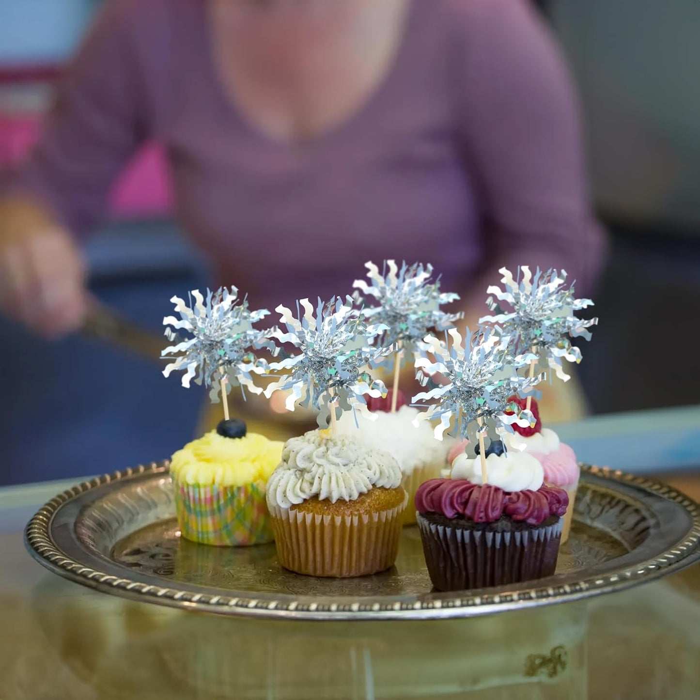 Gyufise 30Pcs Foil Firework Cupcake Toppers Sparkle Tinsel Cake Toppers Tinsel Drink Cake Decoration Cocktail Picks for Birthday Wedding Graduation Party Supplies Silver