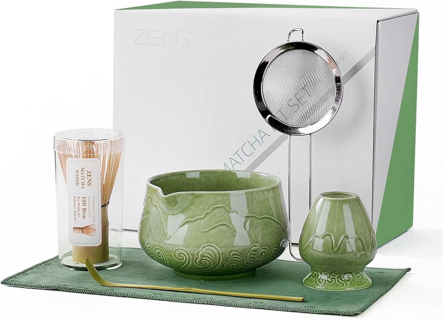 ZENS Matcha Whisk Set, 15oz Ceramic Matcha Set Includes Matcha Bowl, Bamboo Whisk & Chasen Holder, Sifter, Scoop & Tea Towel, 6pcs Matcha Kit for Matcha Latte, Emerald Green