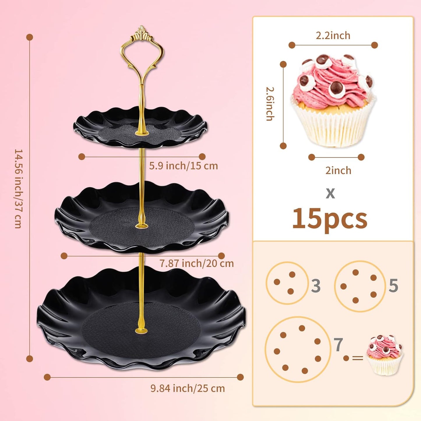 3 Tier Cupcake Stand Holder, Plastic Cup Cake Stand Towel with Tiered Serving Tray for Cupcakes, Donuts, Fruits and More, White (Black)