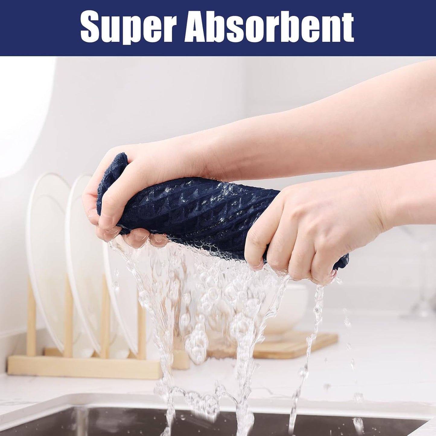 Homaxy Microfiber Waffle Weave Kitchen Towels, 16 x 28 Inch Ultra Absorbent and Solid Color Dish Towels, 4 Pack, Navy Blue