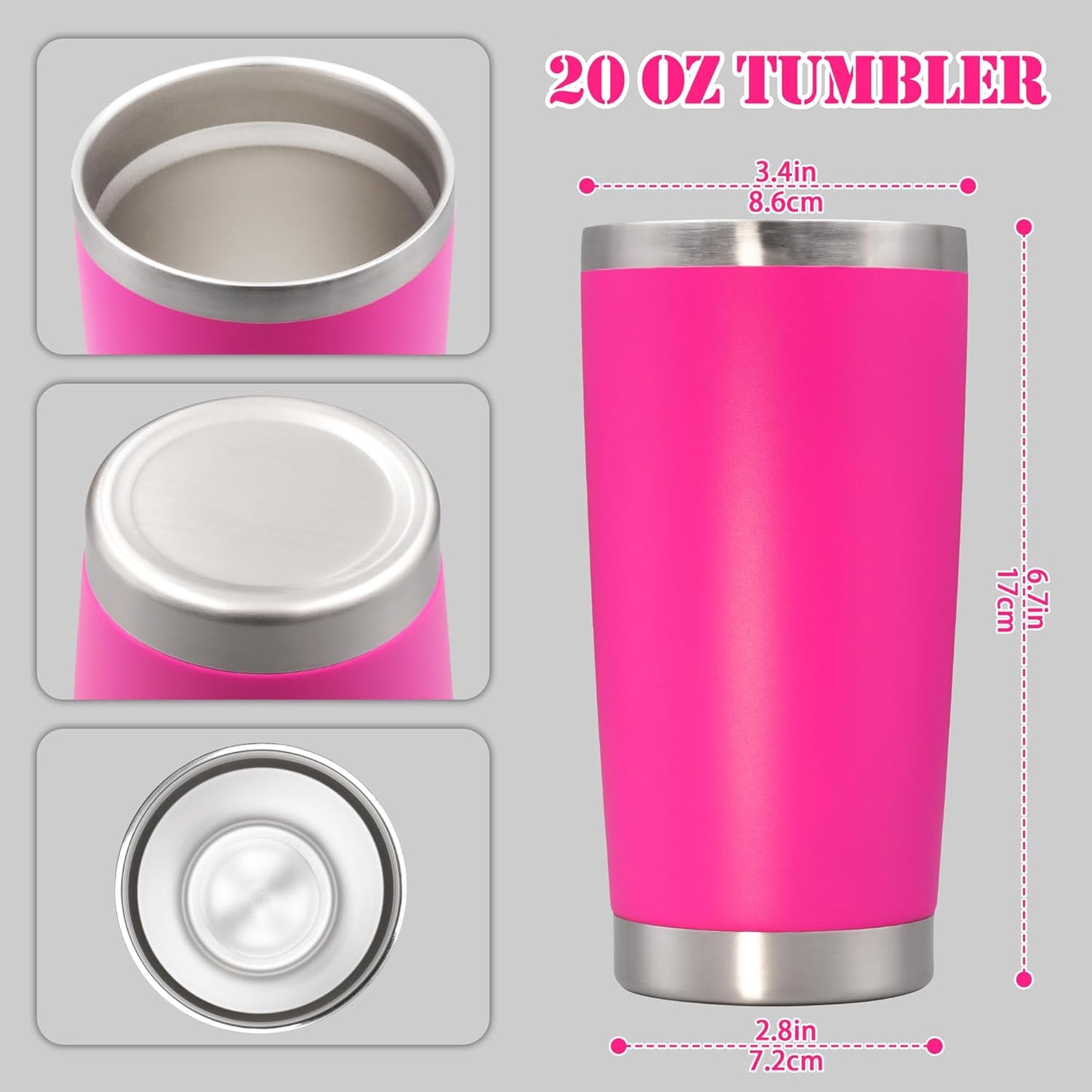 20 oz Tumbler with lid Double Wall Vacuum Insulated Tumblers Stainless Steel Coffee Mug Travel Coffee Tumbler Powder Coated Tumbler Cup Keep Hot&Cold - (Hot Pink 6 Pack)