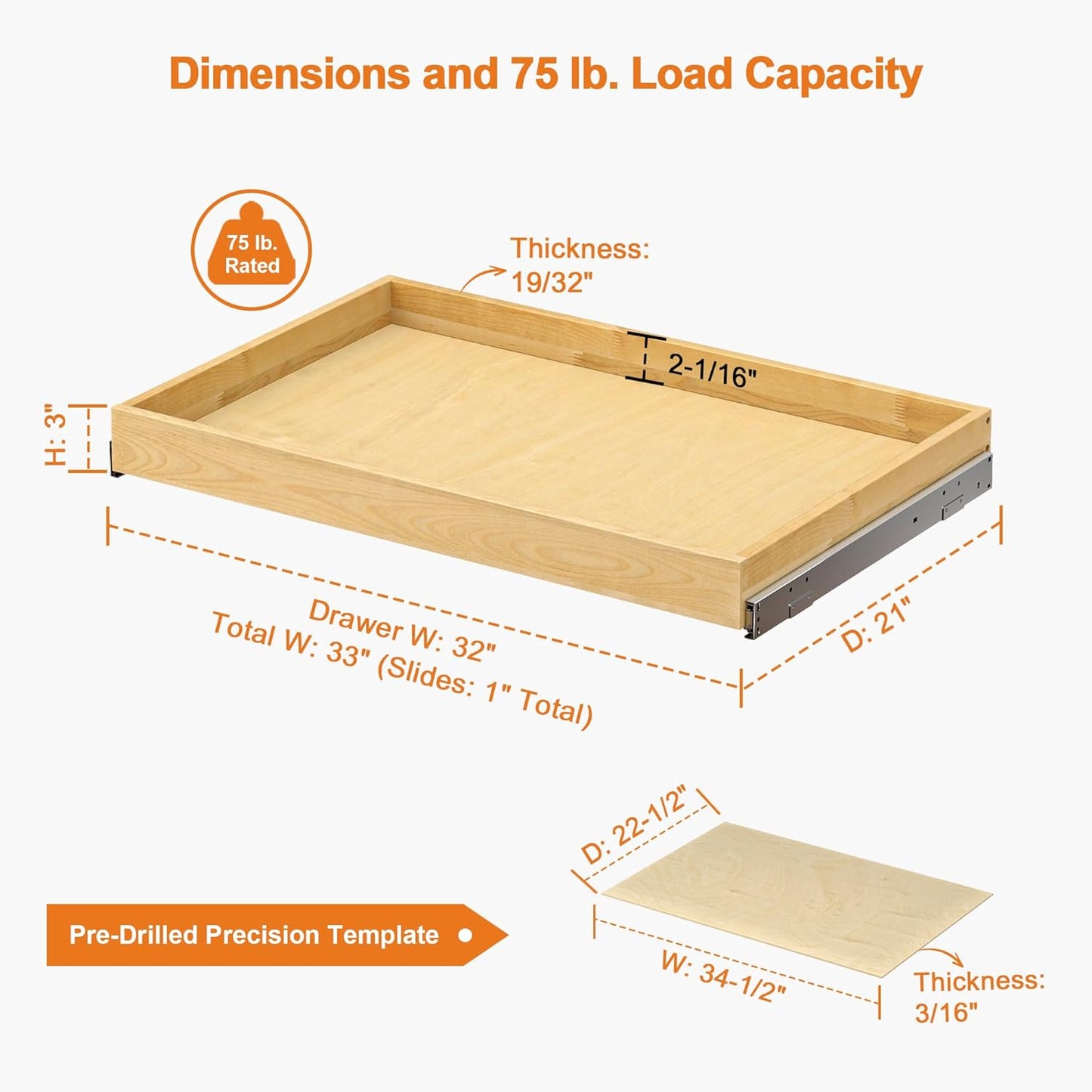 ALINE FURNITURE Pull Out Drawers for Cabinets Birch Wood, 33" W X 21" D Soft Close Slide Out Drawer for Kitchen Cabinets, Pull-out Shelves, Sliding Shelf for Pantry Cabinet Organizer