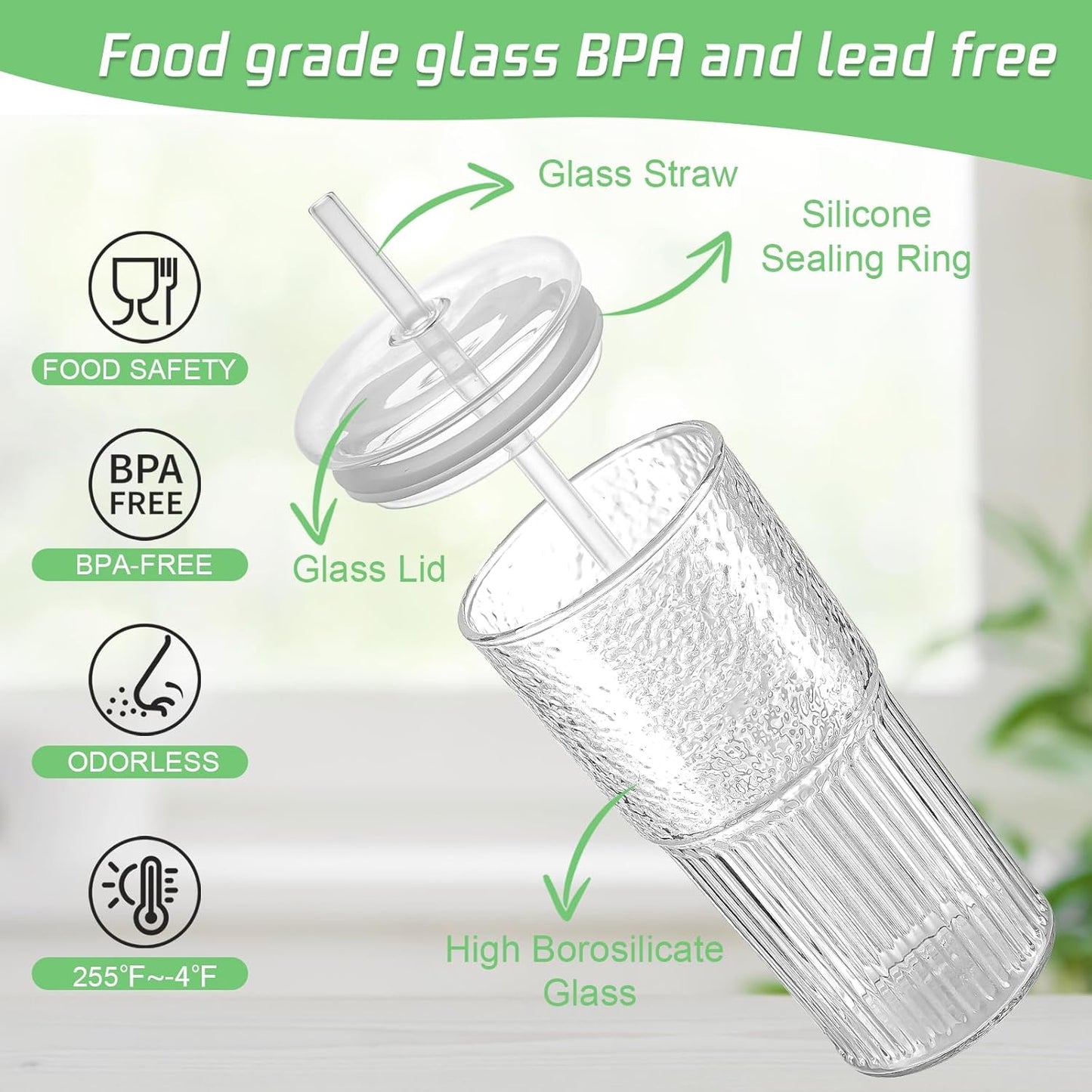 Glass Cups with Lids and Glass Straws, High Borosilicate 20OZ Tumblers (4Pcs) for Coffee, Tea, Juice, Smoothies, Hot/Cold Drinks at Home, Office