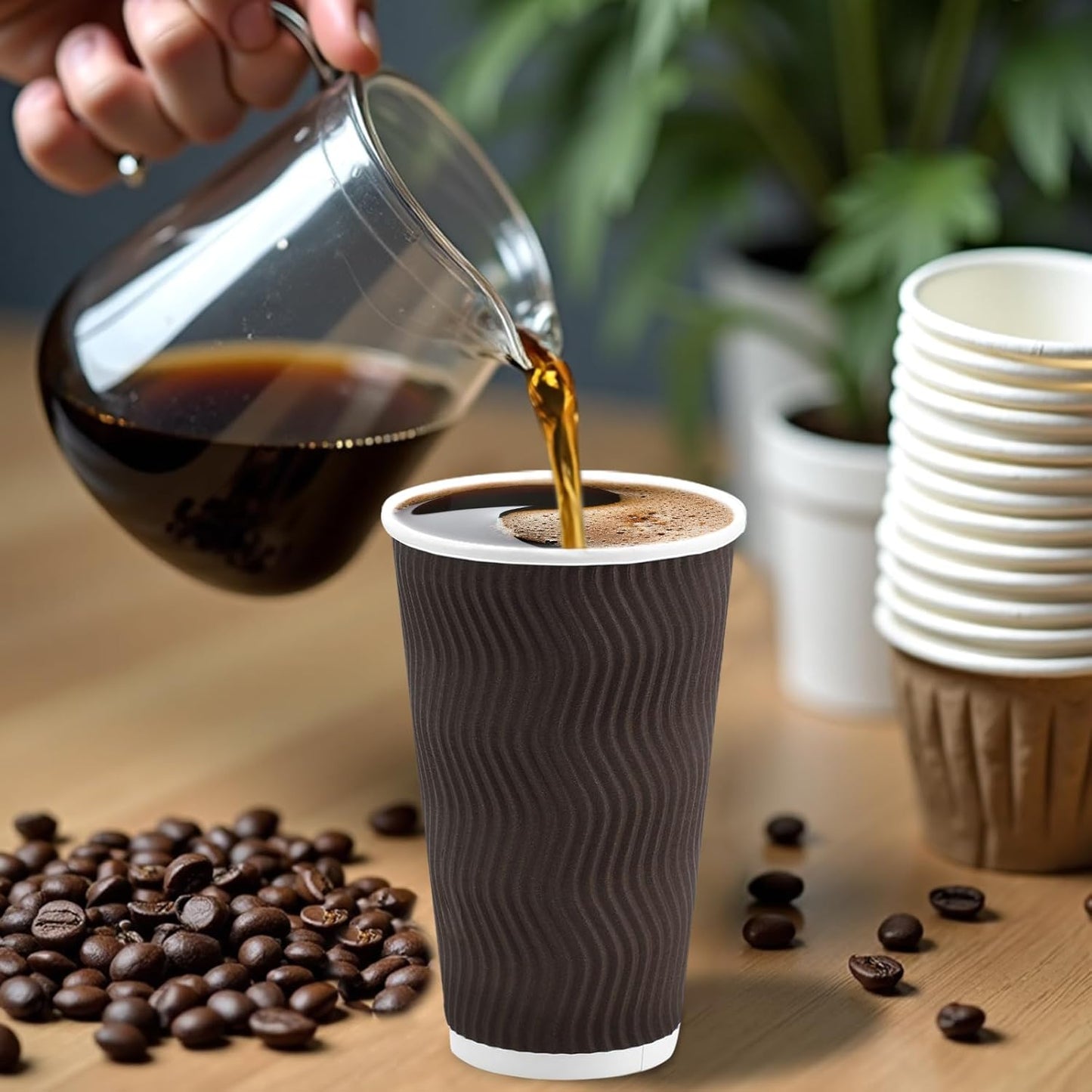 16 oz Coffee Cups Disposable, 90 Count Insulated Paper Coffee Cups, Corrugated Ripple Wall Design Paper Cup, Hot Cold Drinking Cup for Party, Picnic, Travel, Business, Home