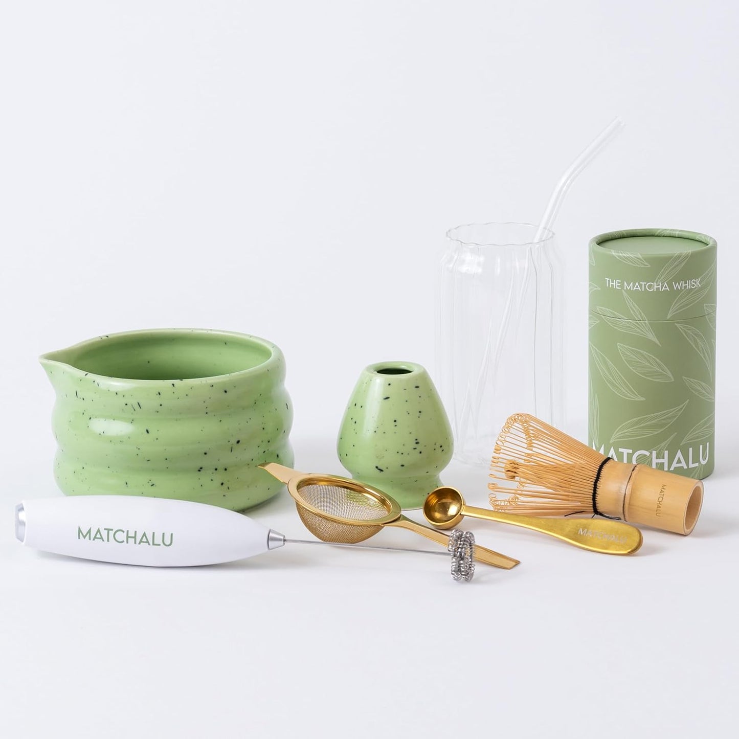 Premium 9 Piece Matcha Set Includes Ceramic Matcha Bowl, Bamboo Whisk & Holder, Stainless Steel Spoon & Sifter, Glass Cup & Straw, Electric Frother, Storage Bag - Gift for Matcha Lovers (Green)
