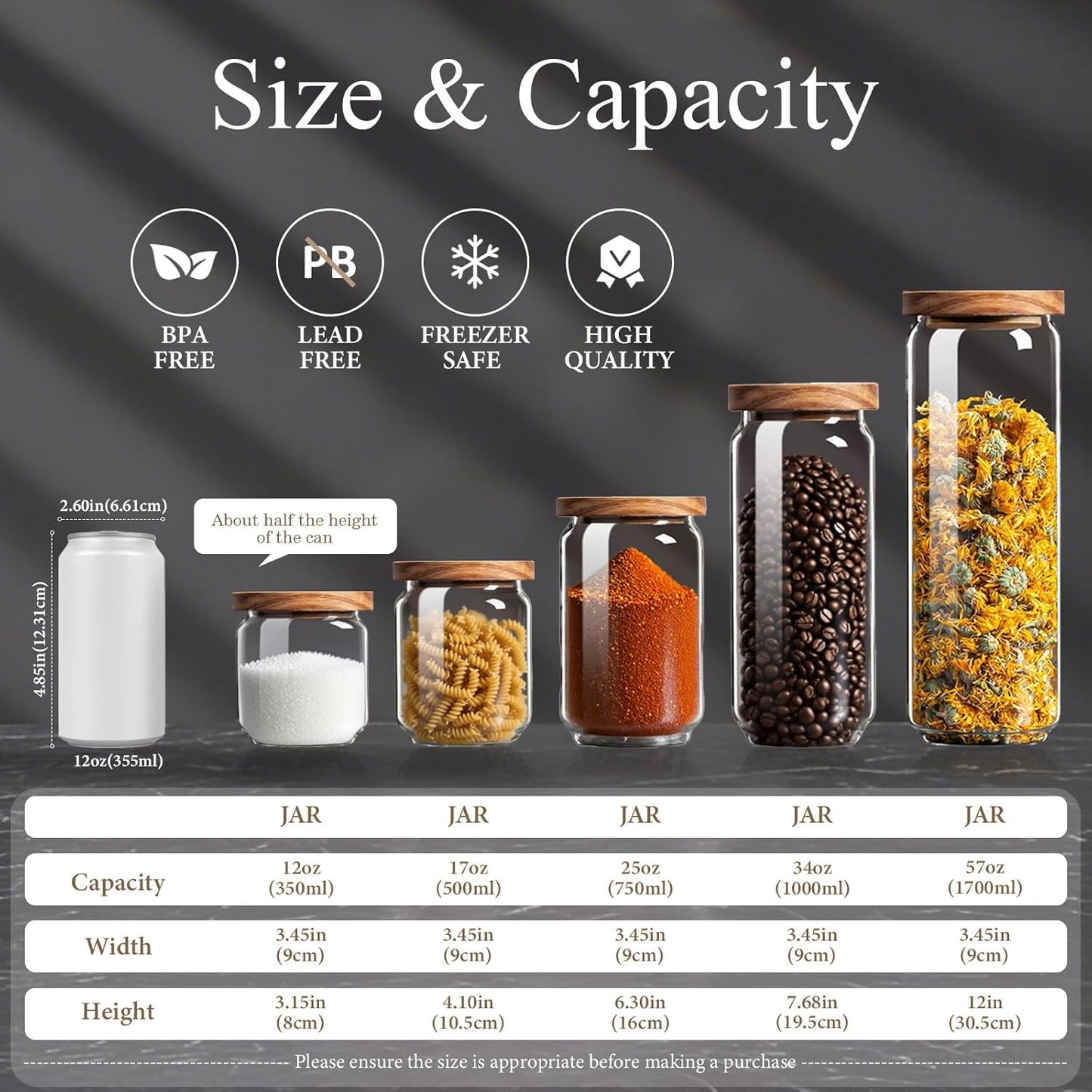 Glass Jars with Airtight Wood Lids - Small Large Kitchen and Pantry Storage Containers, Canisters for Spaghetti, Noodles, Pasta, Ground Coffee, Sugar, Cereal, Spice, Salt, Salad, Matcha, Set of 5