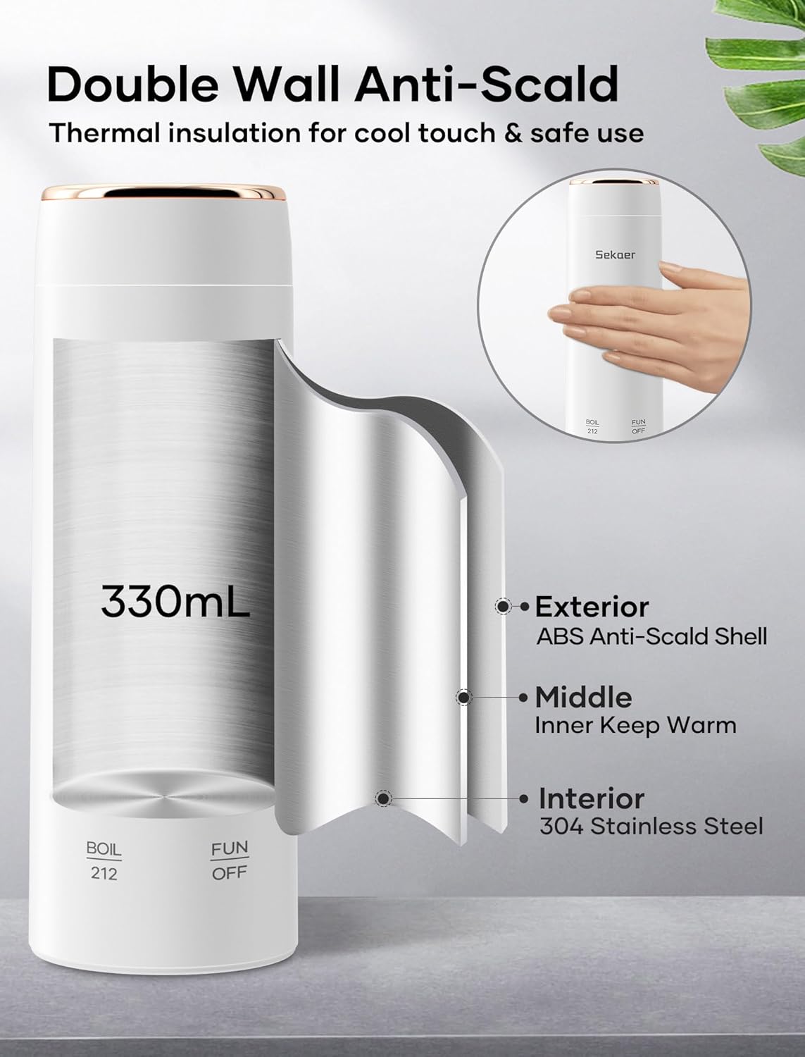 Sekaer Mini Travel Portable Electric Kettle, Small Tea Kettle Hot Water Boiler, 330mL & 304 Stainless Steel, with 4 Variable Presets and Auto Shut-Off, SEK-833