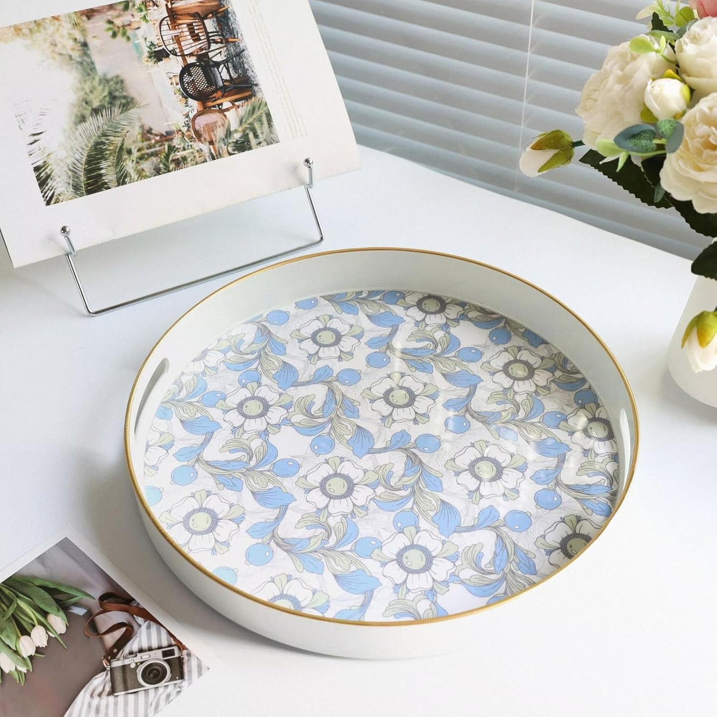 Round Serving Tray with Handles, Coffee Table Tray for Ottoman, Organizer Vanity Tray for Living Room, Outdoor Tray for Patio Entertaining, Serving Breakfast Kitchen Platter LEE33BLH