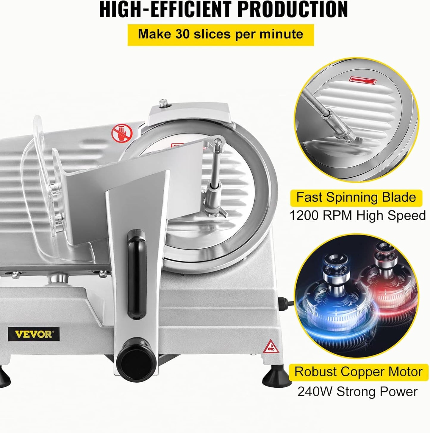 VEVOR Commercial Meat Slicer, 200W Electric Deli Food Slicer, 0-12mm Adjustable Thickness Electric Meat Slicer, 1200RPM Meat Slicer with 8.7'' Chromium-plated Steel Blade for Home & Commercial Use