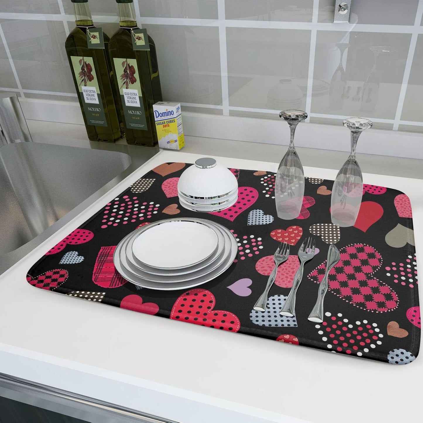 Happy Valentine's Day Black Dish Drying Mat for Kitchen Counter,Pink Love Heart Drying Mat 18 x 24 Inch with High Absorbent Microfiber Drainer Mat for Coffee Bar