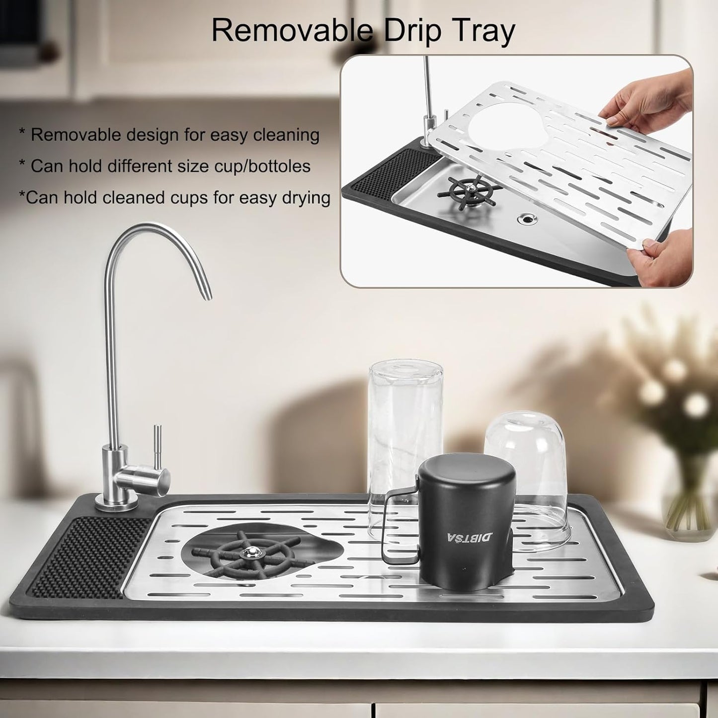 DIBTSA Pitcher Rinser, Stainless Steel Countertop Glass Rinser Cup Washer Sink with Side Spray,Drip Tray for Home Cafe Restaurant