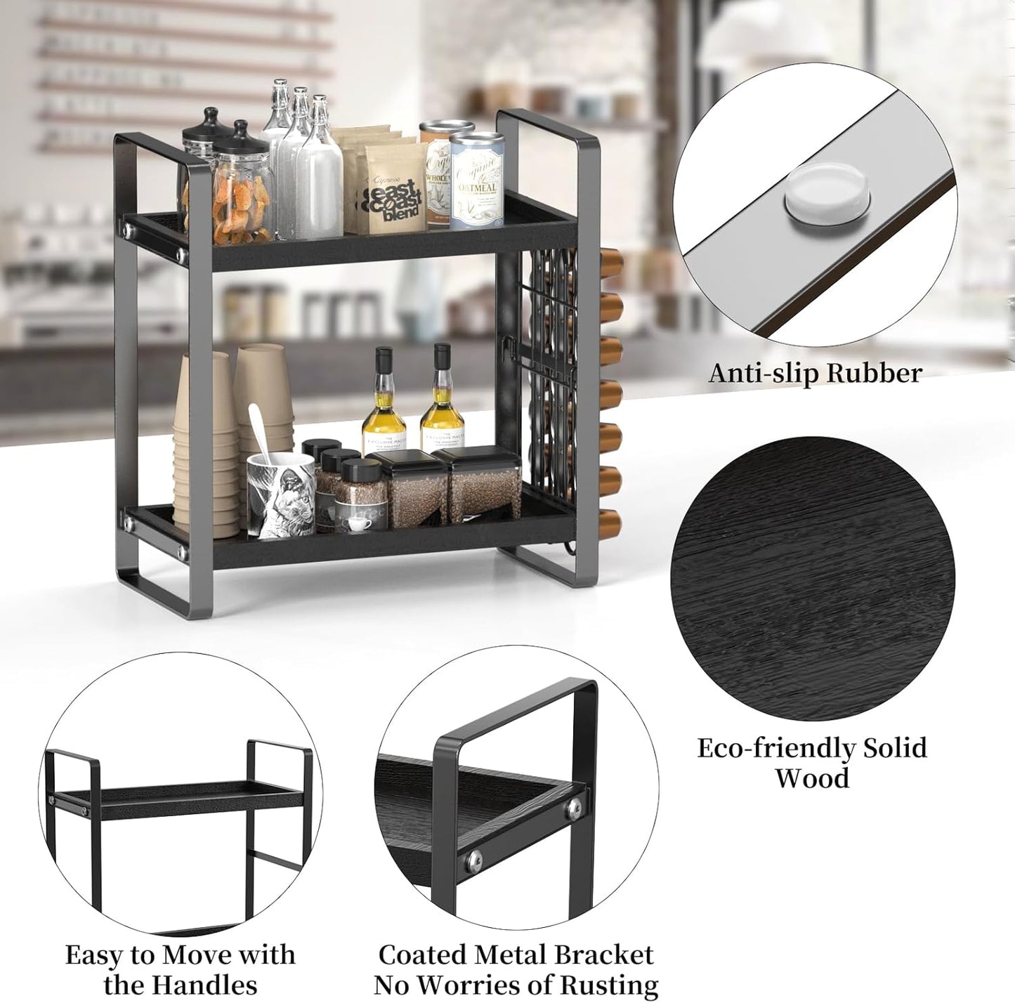 LEMIKKLE Coffee Station Organizer,Compatible with Nespresso Classic Pods 24pcs,Coffee Bar Accessories and Cup Storage Organizer, Wood Counter Shelves for Kitchen, Office, Countertop（Black