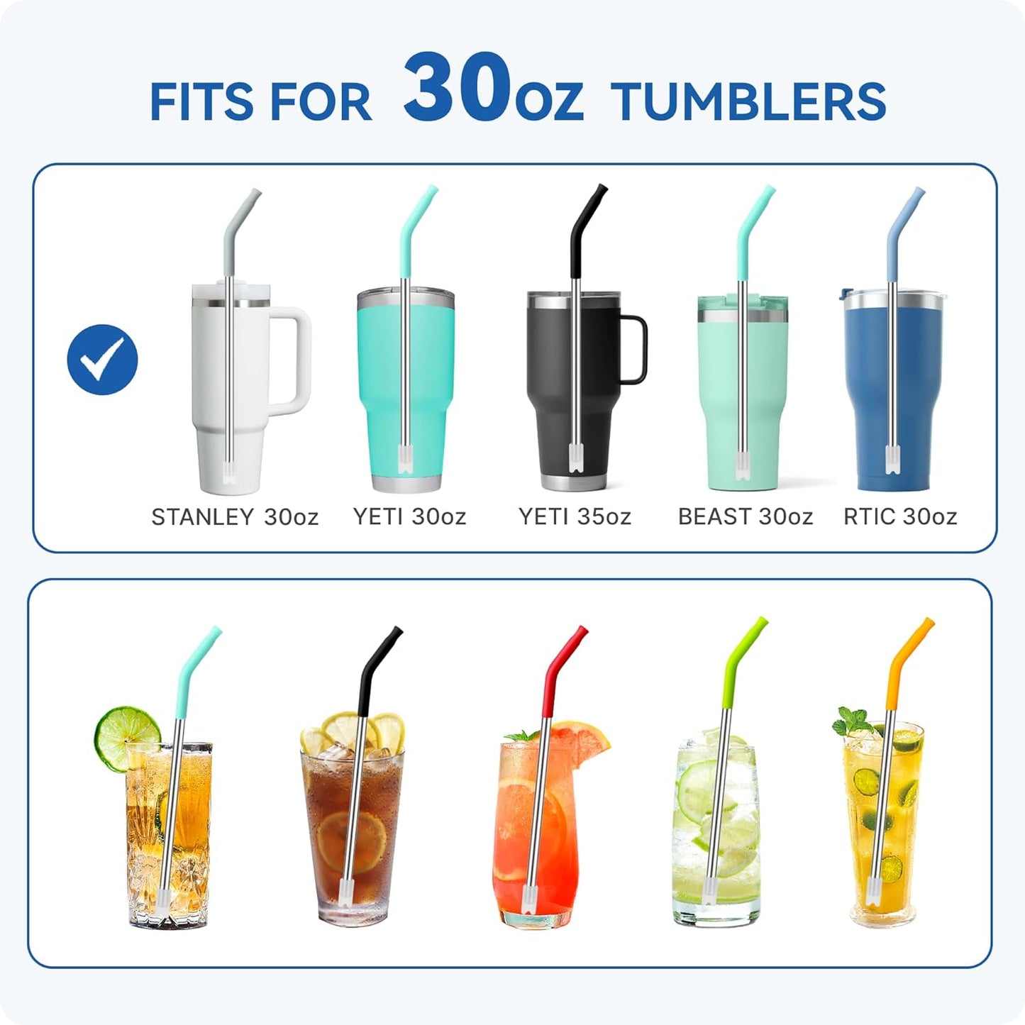 Reusable Metal Straws with Silicone Tip for Stanley 30oz,Stainless Steel Drinking Straws for 30oz Tumbler,3 Straight Tubes & 6 Tips& 1 Cleanr Brush (Rose Quartz)