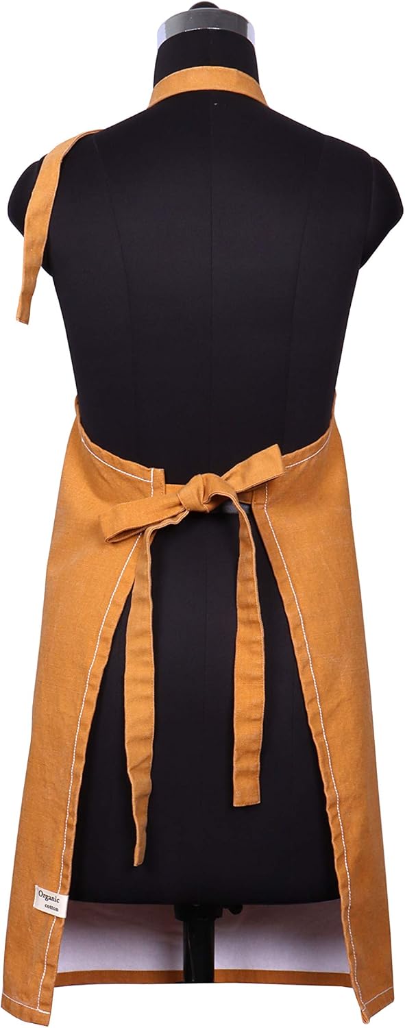 AMOUR INFINI Cotton Solid Aprons for Women with Pocket, Adjustable Strap and Waist Ties Washed Chef Aprons for Cooking, Baking and Gardening (27.5 x 33 Inches - Yellow)