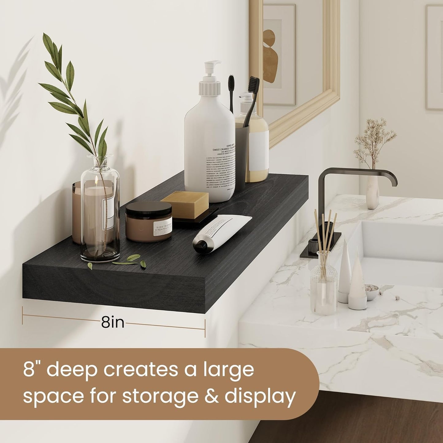 Fun Memories Rustic Floating Shelves for Home Decor, 8 Inch Deep Floating Shelf, Solid Wood Floating Wall Shelves 30 Inch Long, Deep Wall Shelves for Bathroom, Living Room, Black Finsh, Set of 2