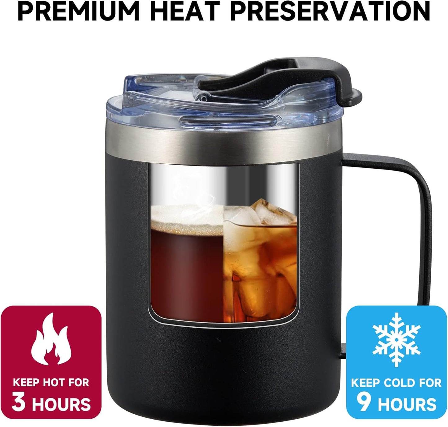 ALOUFEA 12oz Stainless Steel Insulated Coffee Mug with Handle, Double Wall Vacuum Tumbler Cup with Fliping Lid, Army Green, 2 Pack