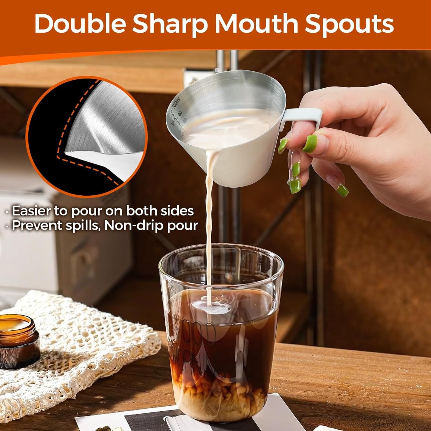 YARRAMATE Stainless Steel Espresso Shot Cup, Double Spout Metal Espresso Measuring Cup with V-Shaped Mouth, Espresso Accessories, 3.4OZ/100ML (White)