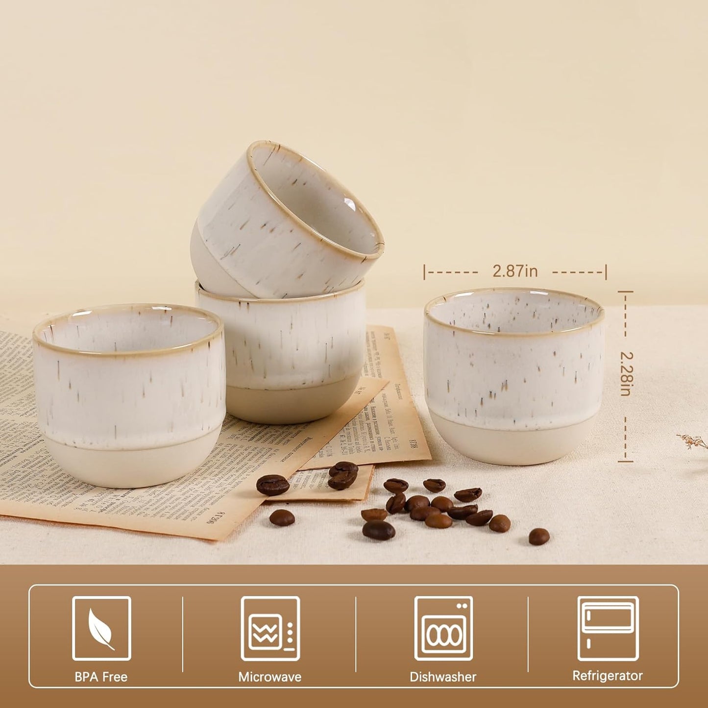 Ceramic Espresso Cups Set of 4, Double Walled Espresso Coffee Mugs for Nespresso Cups, Special glazed Demitasse Cups Expresso Coffee Cup for Espresso Machine (White)