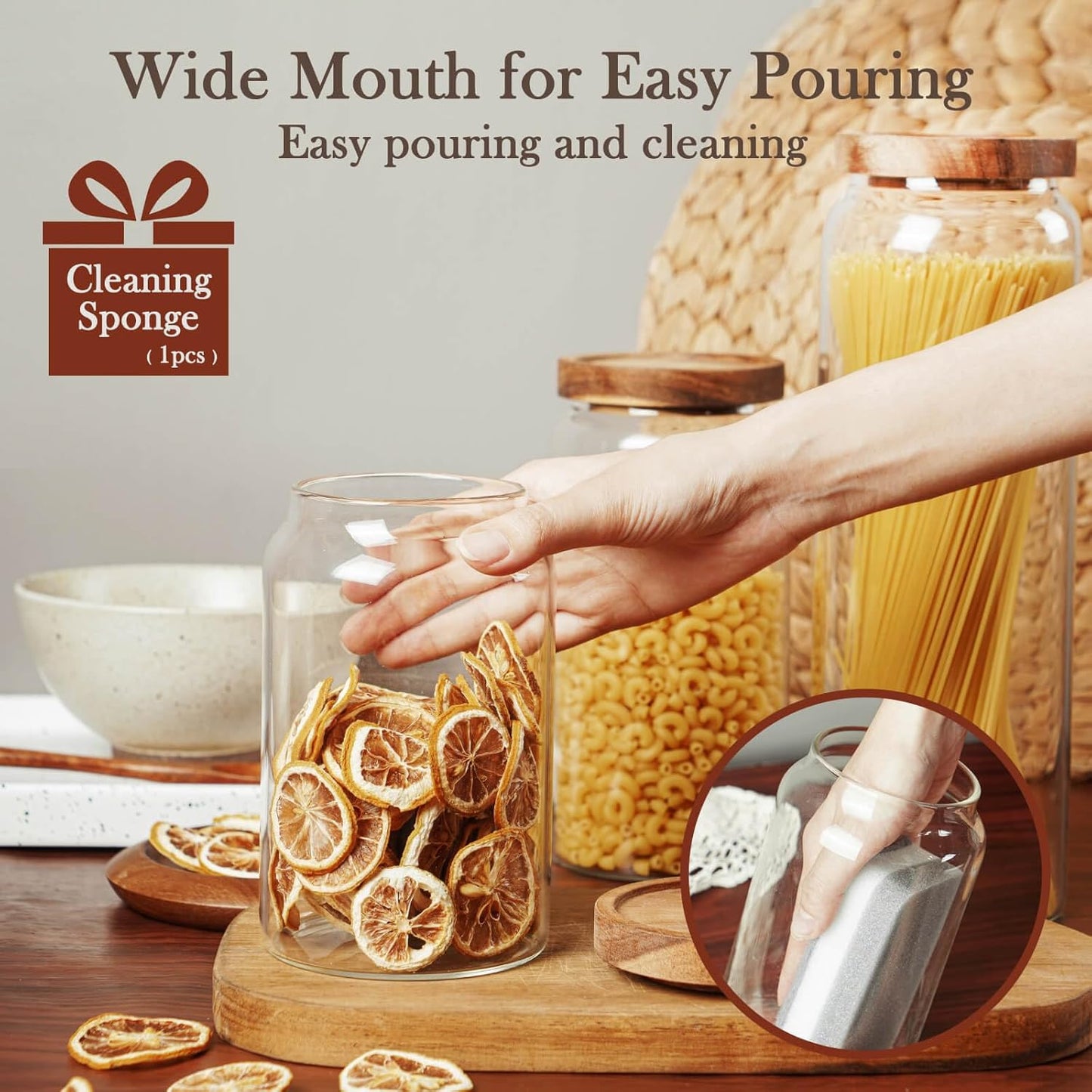 Labina Glass Storage Container Airtight Food Jars Kitchen Canister with Wood Lids, 33 Oz Wide Mouth Pantry Organization Glass Jar for Flour, Sugar, Cookie, Spagetti, Nuts and Candy (2 Pack)