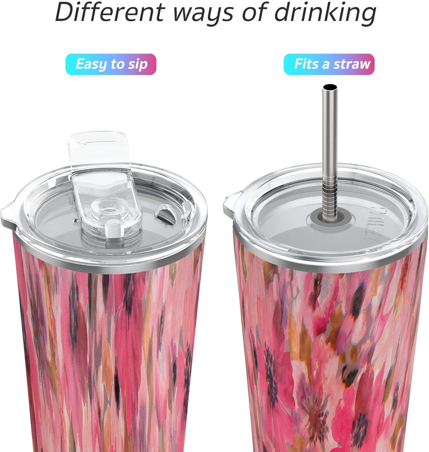 THILY Vacuum Insulated Stainless Steel Tumbler Travel Mug 26 oz Coffee Cup with 2 Lids and Straws, Splash Proof, Reusable, Keep Iced Drinks Cold, Watercolor Flower