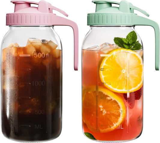 | 2 Pack | 64oz Glass Pitcher with Lid and Spout, 2 Quart (1.9 Liter) Mason Jar Pitcher Wide Mouth, Airtight Water Jug for Juice, Sun Tea, Iced Coffee, Milk Storage, Pink & Green
