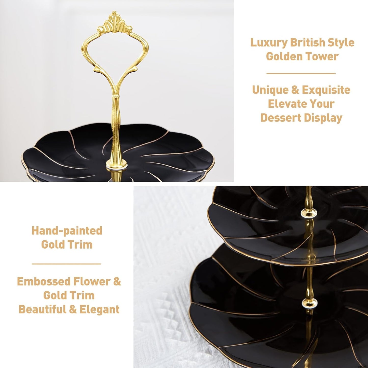 DUJUST Luxury Porcelain 3-Tier Cupcake Stand Tower, British Style Serving Tray with Golden Trim, Food Grade Dessert Display Stand, Beautiful Gift for Tea Party & Home Décor - Black