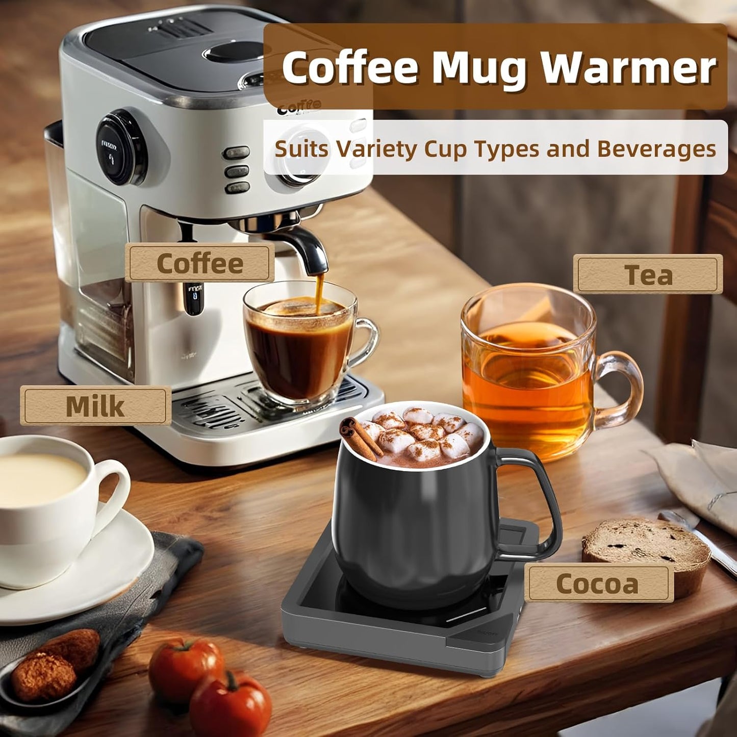 Coffee Mug Warmer with 2 USB Charging Ports: Auto Shut-Off Candle Wax Warmer - Heated Beverage Coffee Accessories for Home Office Desk - U1 Black
