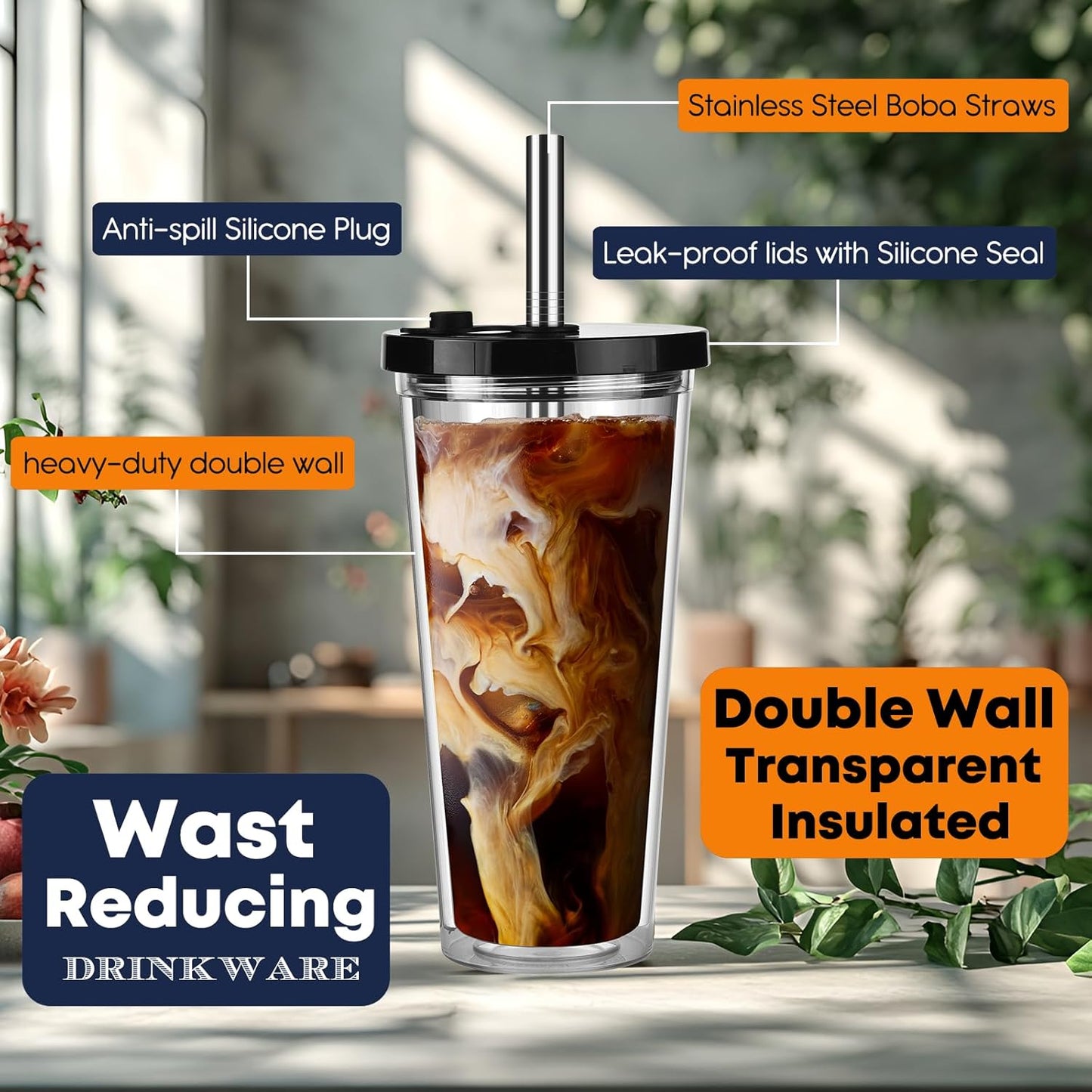 ALINK Reusable Iced Coffee Cup with Lid and Straw, 24 oz Boba Tea Smoothie Cup, Leak Proof Double Wall Insulated Iced Coffee Tumbler for Hot Cold Drinks, Bubble Tea, With 2 Boba Straws 1 Brush