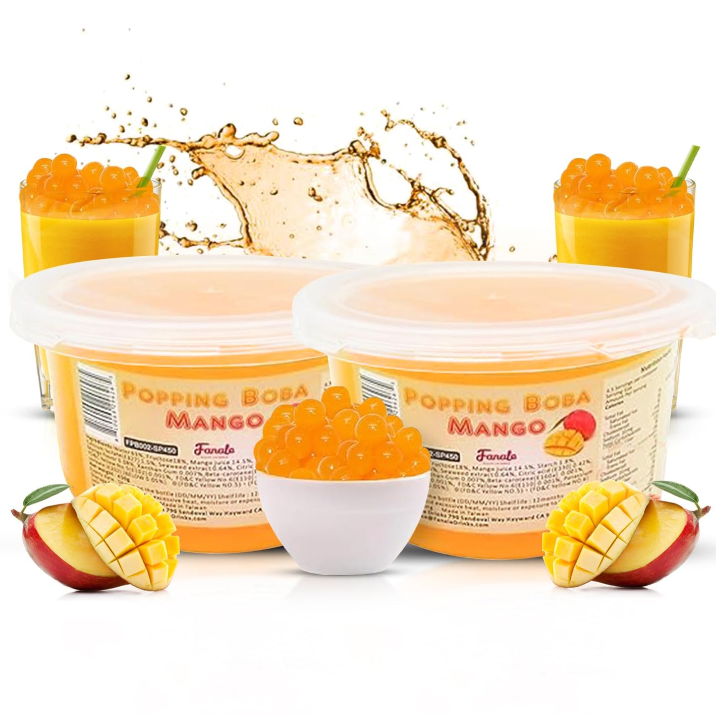 Fanale Popping Boba Pearls for Bubble Tea - 2 lb (1 lb X 2) | Mango | Bursting Boba Pearls Bubble 450g X 2 | Real Fruit Juice for Shakes, Dessert, Smoothie | FPB002-SP450 X 2