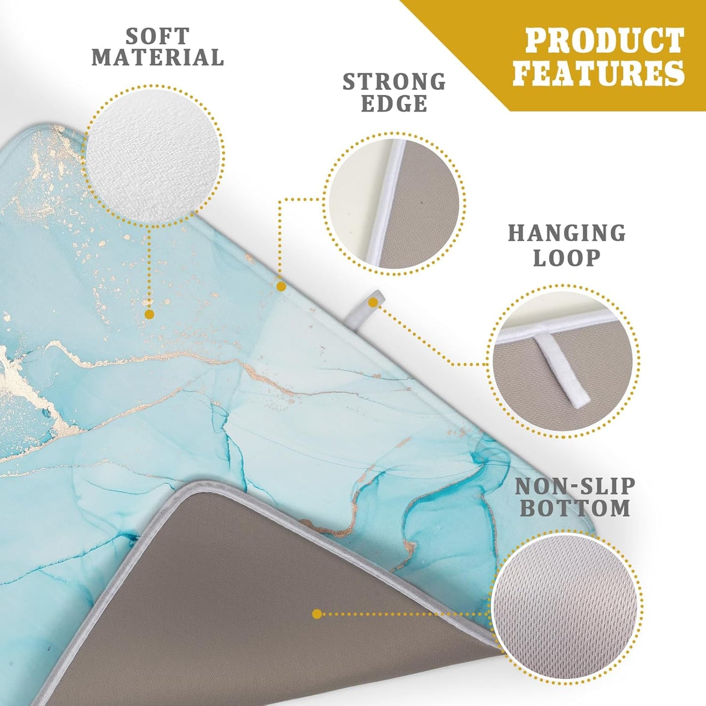 Teal Blue Marble Dish Drying Mat for Kitchen Counter Decor 18x24 Inch Absorbent Reversible Microfiber Turquoise Gold Dish Drying Pad Green Dish Drainer Rack Mats for Coffee Bar