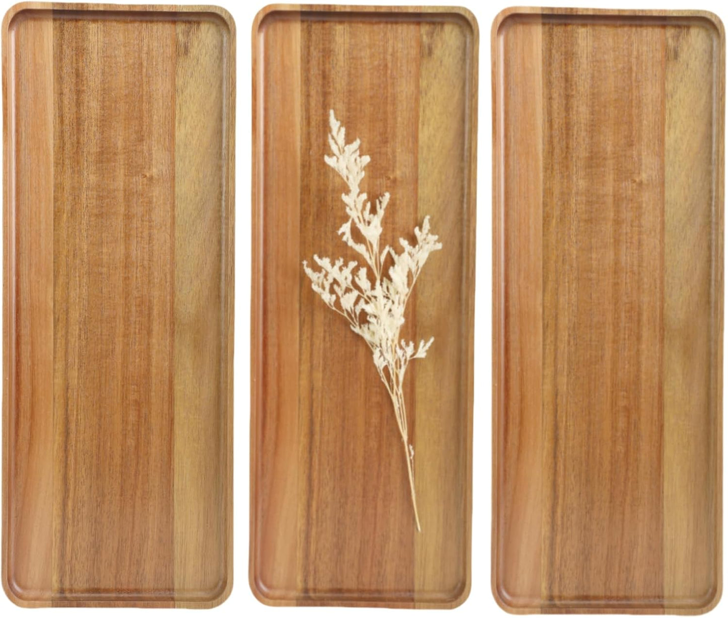 3 pcs 14"x5.3" Solid Acacia Wood Serving Trays Rectangular Wooden Serving Platters Natural Wooden Boards for Bar Coffee Party