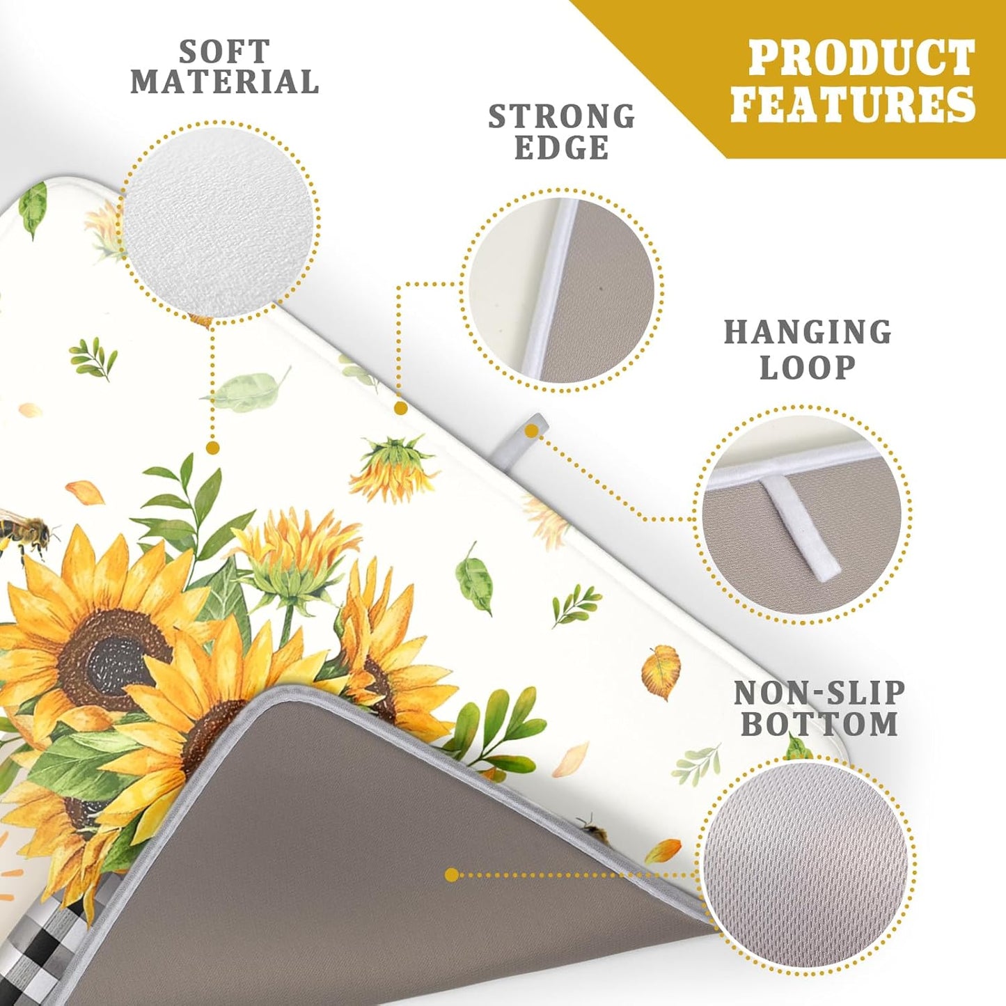 Giwawa Sunflower Vases Dish Drying Mat for Countertop, 18"x24" Summer Bee Floral Mason Jar Dish Drainer Mats, Fast Dry Microfiber Reversible Large Dish Drying Pad Kitchen Decoration