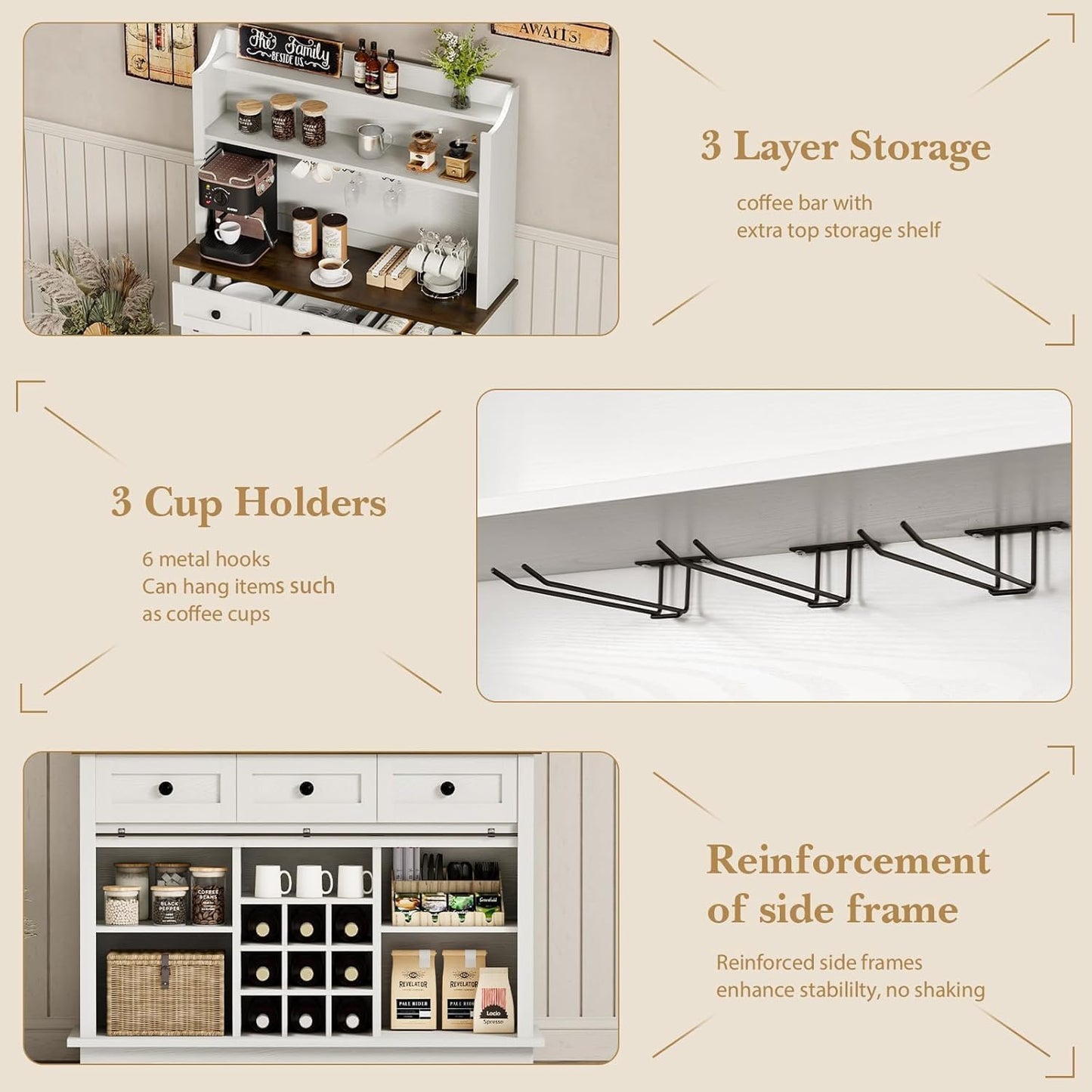 63 Inch Coffee Bar Cabinet with 3-Tier Storage, Kitchen Storage Cabinets with 3 Drawers, Farmhouse Coffee Bar with 9 Racks, 3 Glass Holders, Wine Bar for Living Dining Room, White