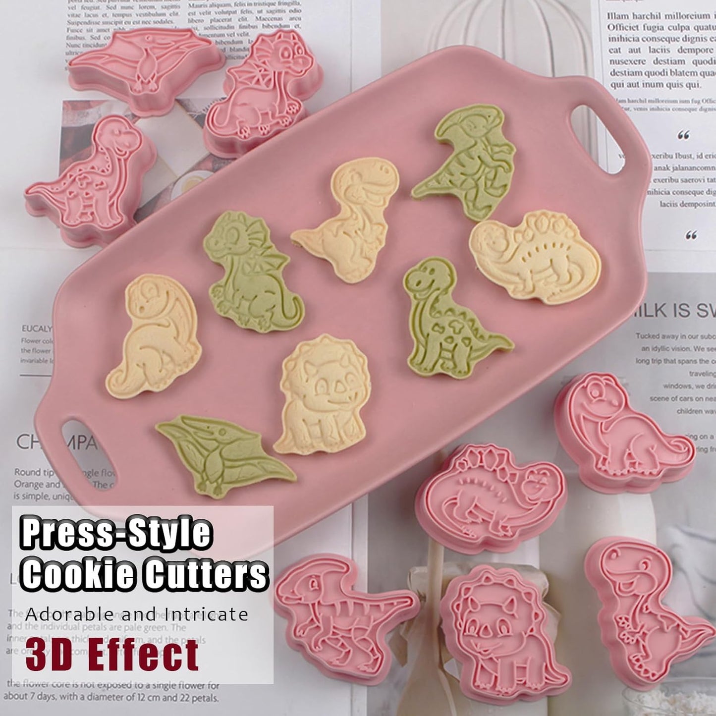 8 Pcs Dinosaur Cookie Cutters Set Baking Molds 3D Dinosaur Press type Cookie Cutter for Baking, Fondant, Cheese, and Pastries