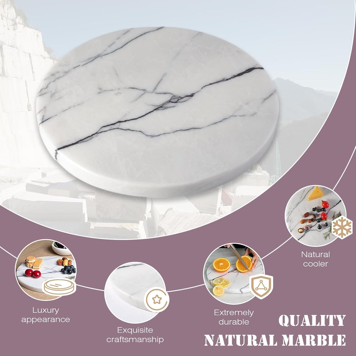 Koville Marble Cutting Board for Kitchen Countertop, 11" Round Marble Cheese Board Serving Tray for Baking, Charcuterie, Pastry, Trivet, Stone Cutting Boards for Kitchen - Milas Lilac