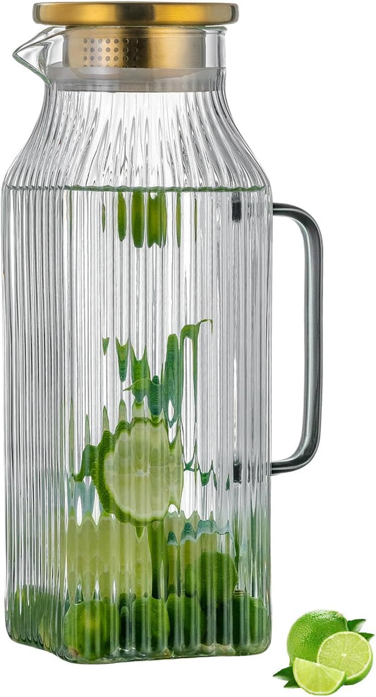 Square Glass Pitcher with Lid and Spout,68 oz/2 Liter Vertical Stripes Water Pitcher for Fridge, Borosilicate Glass Water Carafe for Cold Brew, Coffee, Lemonade, Sun Tea,Heat Resistant