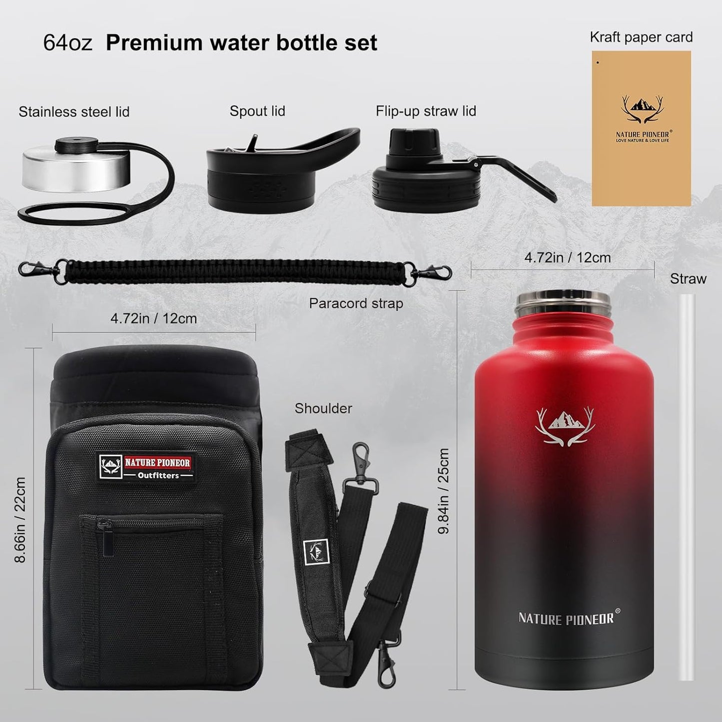 NATURE PIONEOR Insulated Water Bottles with Straw - 64oz Stainless Steel Vacuum Bottle with Holder/Carrier/Sleeve - Reusable 18/8 Food Grade Half Gallon Water Jug