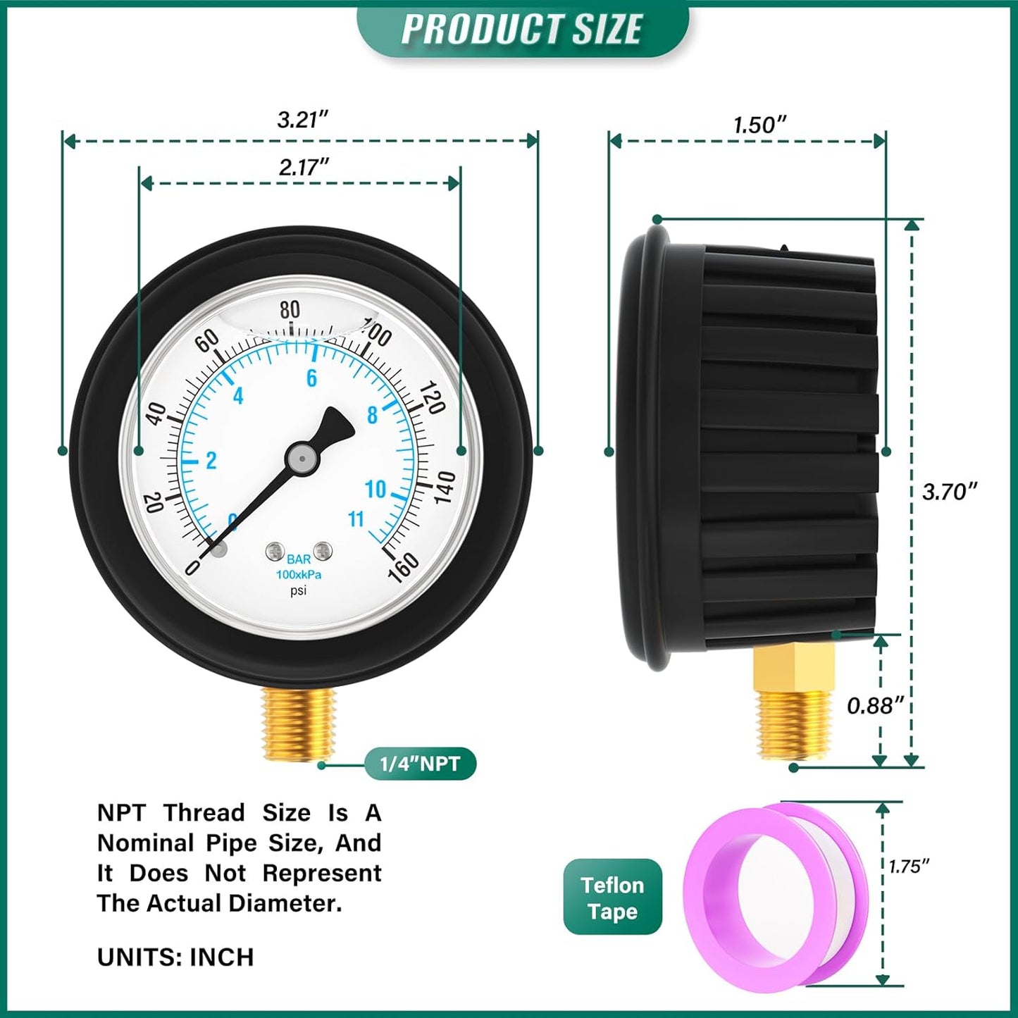 0-160PSI Stainless Steel Liquid Filled Pressure Gauge, 2.5" Dial Size, 1/4" NPT Lower Mount, with Rubber Protective Sleeve, for Tube, Water Pump, Gas, Liquid, Pressure Test